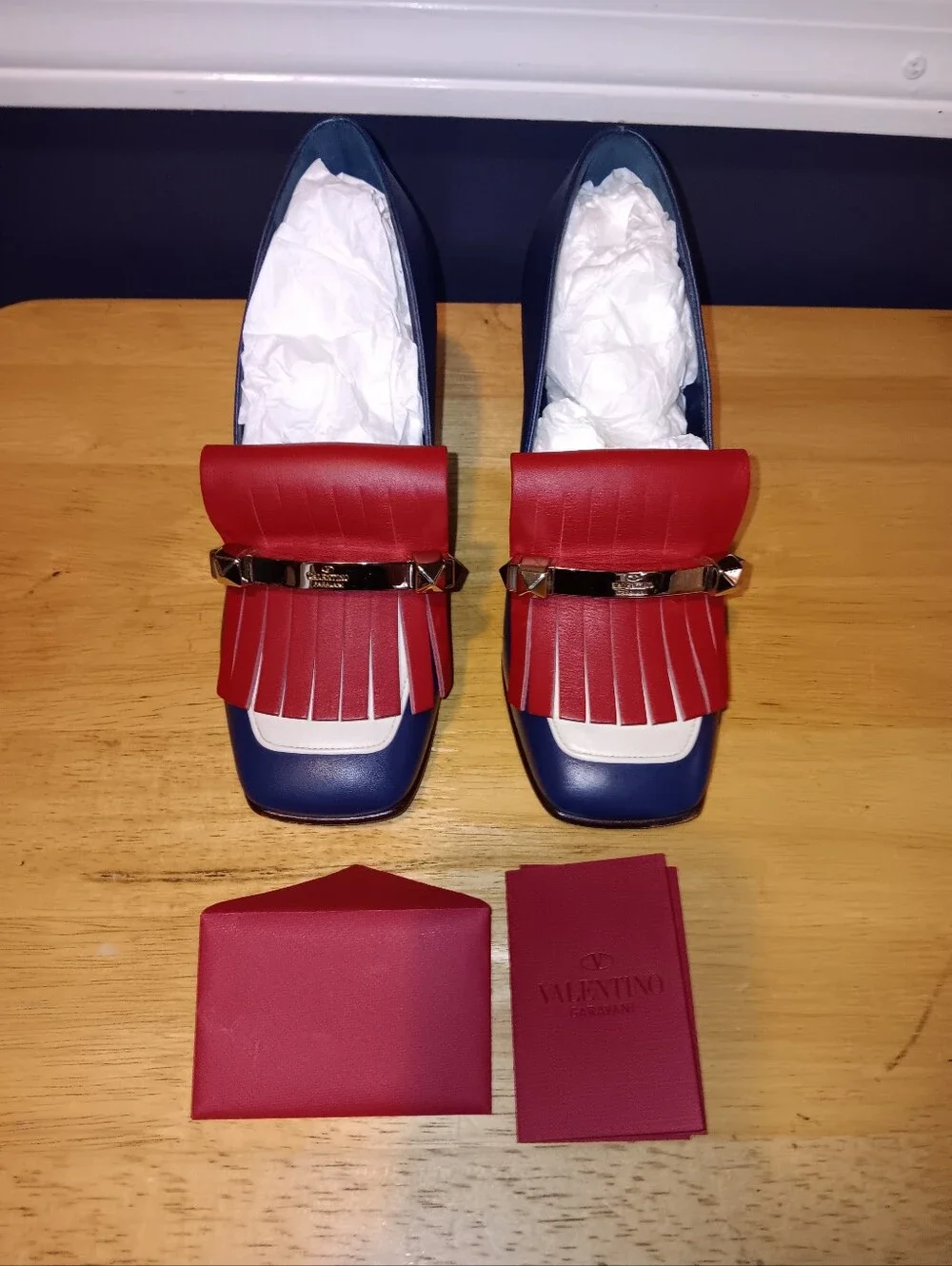 Valentino Garavani Leather Studed Red White & Blue Fringe Loafers Size 35 1/2